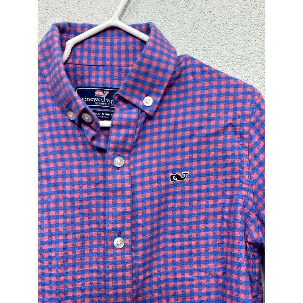 Vineyard Vines Shep & Ian Boys Blue Pink Plaid Flannel Button-Down Shirt Sz 5
